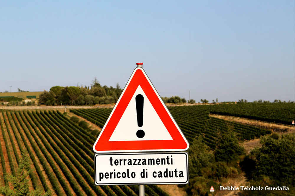 Red and White Italian Danger Sign in Italian Vineyards, Tuscany, Italy
